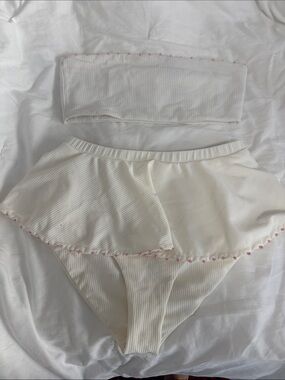 Marysia Swim White Ribbed Bandeau Set with Pink Trim